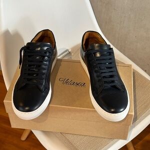 velasca handmade in italy leather sneakers in dark navy with beige interior